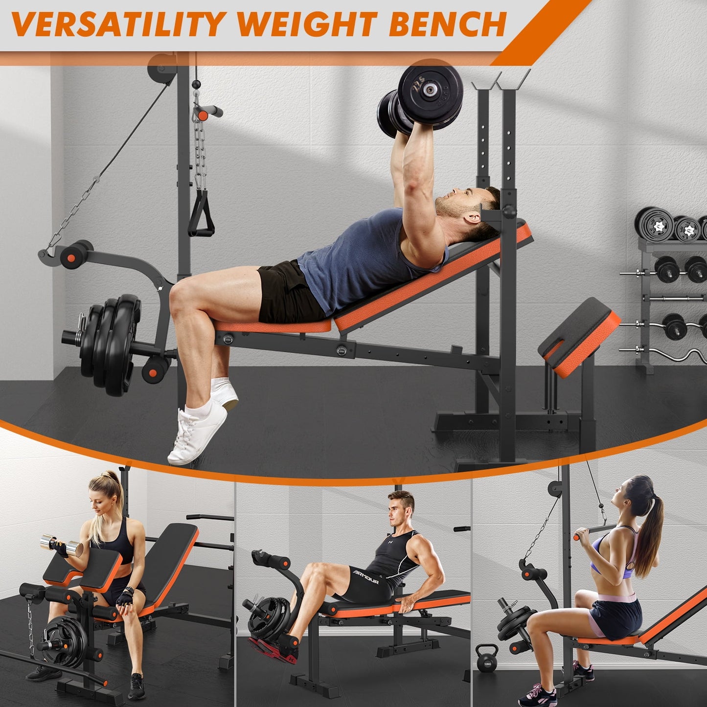 GIKPAL 800lbs 8-in-1 Adjustable Weight Bench Set with Lat Pull Down, Leg Extension and Leg Curl, Chest Fly and Preacher Curl Workout Bench Multi-Function Strength Training Bench Press Exercise Equipm