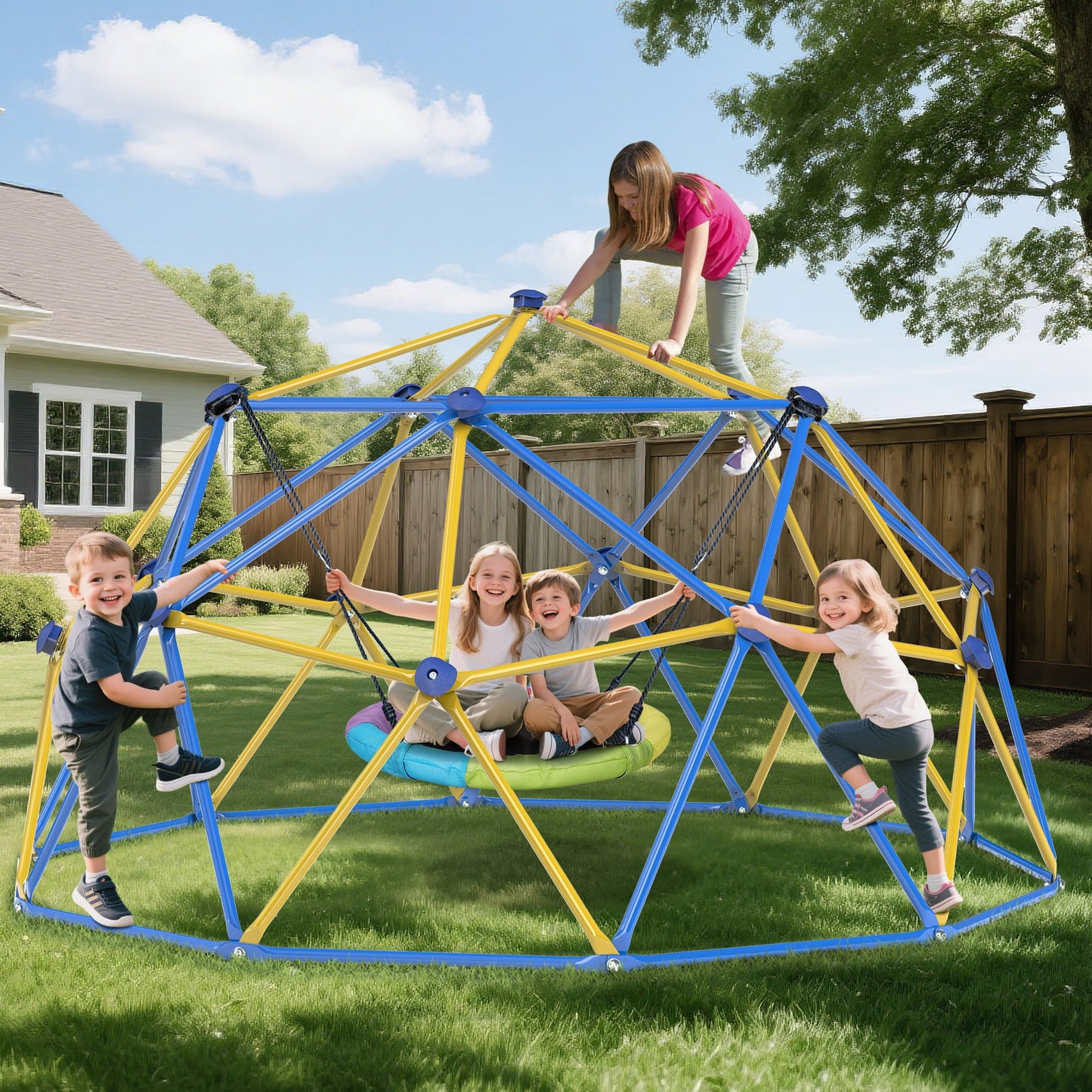 10FT Climbing Dome with Swing Set, Kids Dome Climber Jungle Gym Outdoor Play Toddler Play Set for Ages 3-10, Supports up to 880lbs,Yellow