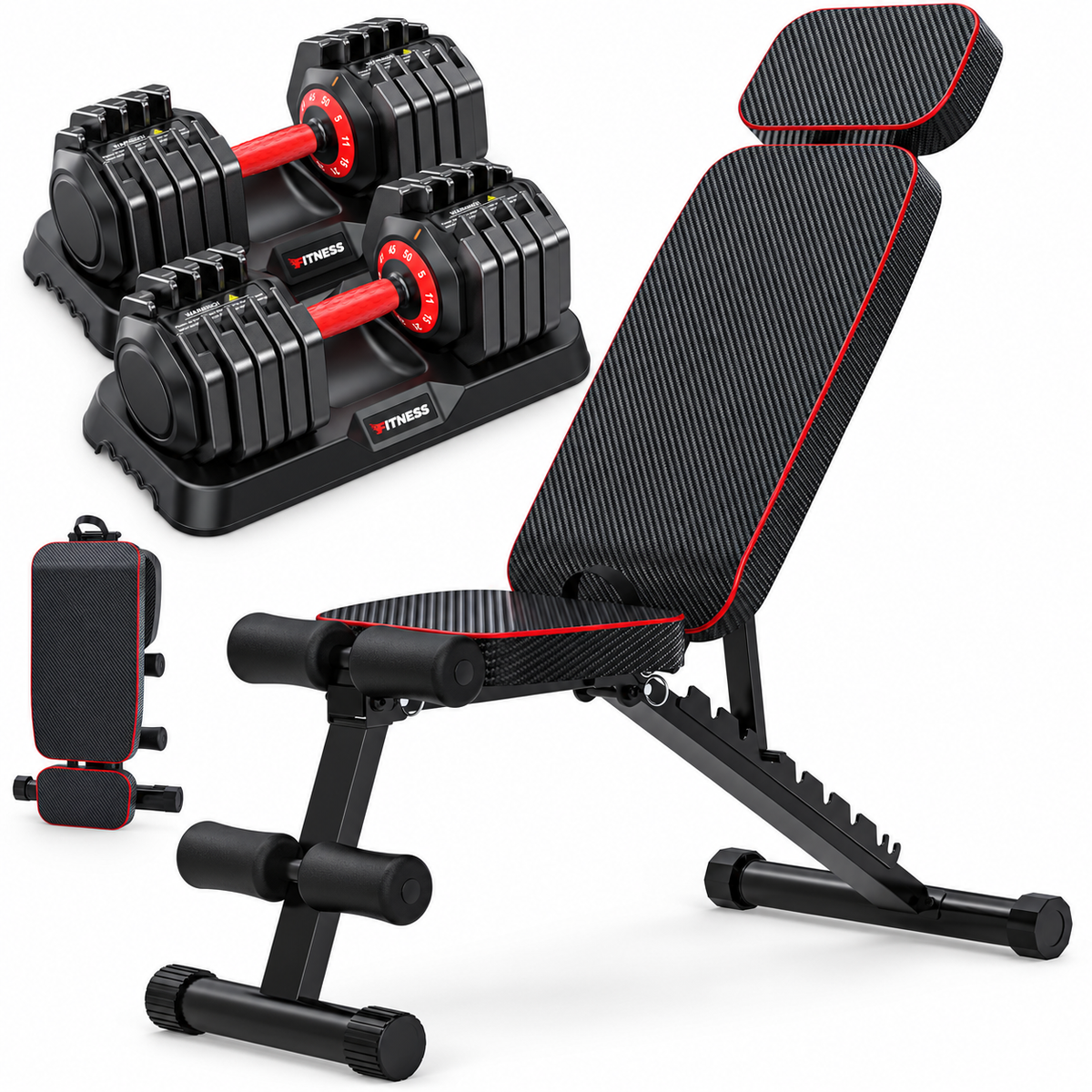 BEARBRO 9 Positions Adjustable Foldable Weight Bench Workout Bench with 10 in 1 Quick-Select 100LB(50lbs*2) Adjustable Dumbbells