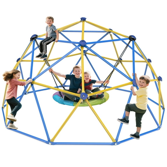 10FT Climbing Dome with Swing Set, Kids Dome Climber Jungle Gym Outdoor Play Toddler Play Set for Ages 3-10, Supports up to 880lbs,Yellow