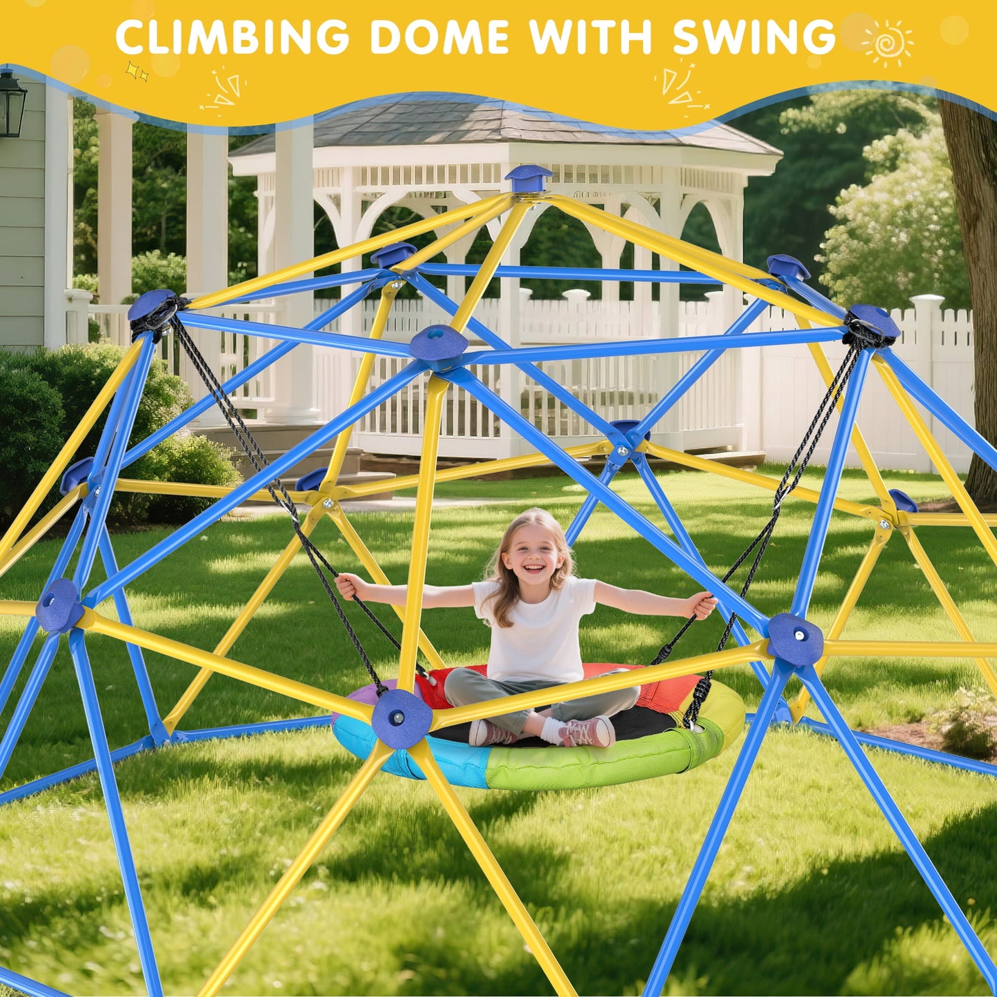 10FT Climbing Dome with Swing Set, Kids Dome Climber Jungle Gym Outdoor Play Toddler Play Set for Ages 3-10, Supports up to 880lbs,Yellow