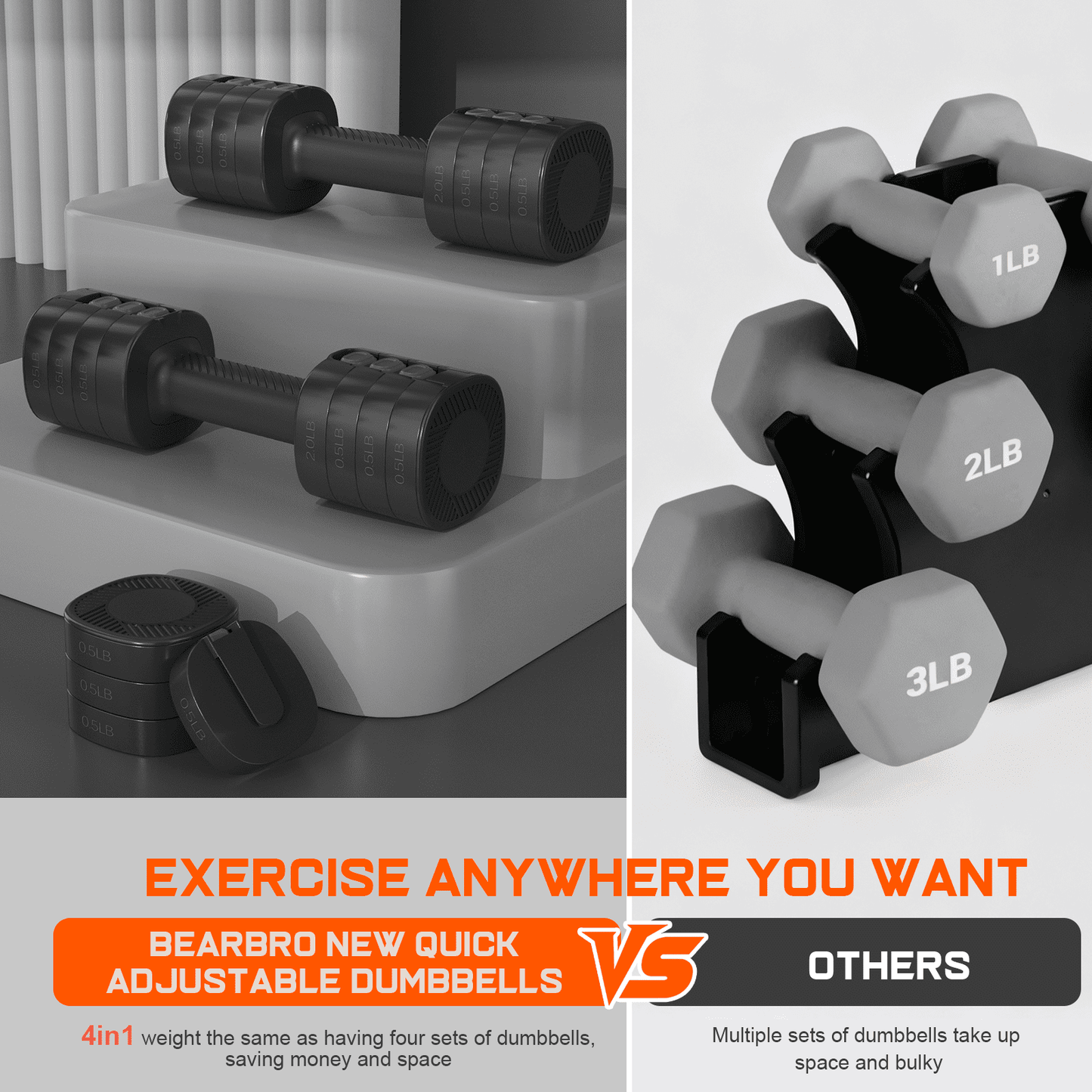 GIKPAL 5lbs*2 Adjustable Dumbbells Set, 4-in-1 Free Weights for Women, Each 2lb 3lb 4lb 5lb Hand Weights for Home Gym, Black