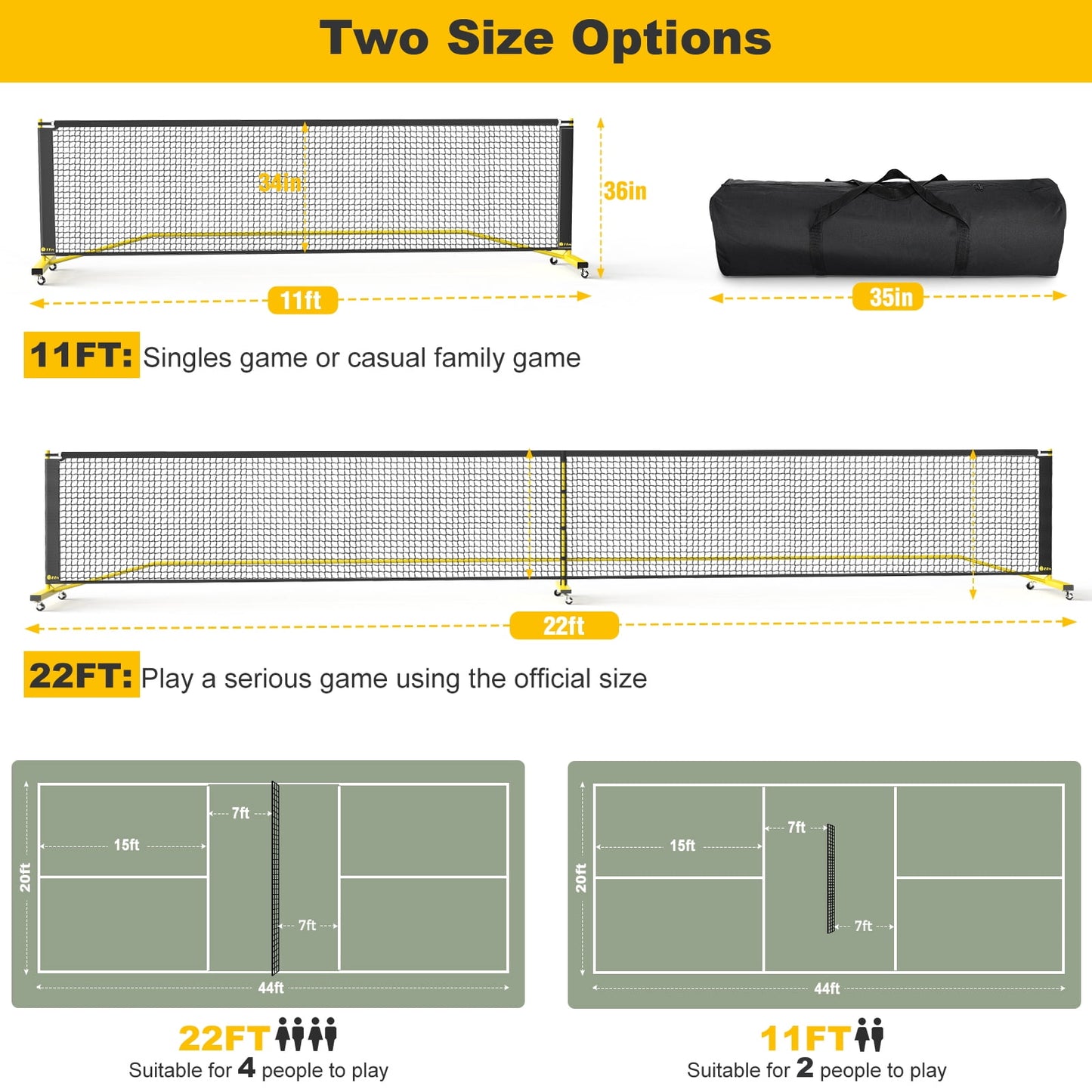 GIKPAL Portable Pickleball Net with Wheels, 22 FT & Half Court 11 FT Pickle Ball Net System with Carrying Bag for Driveway Backyard