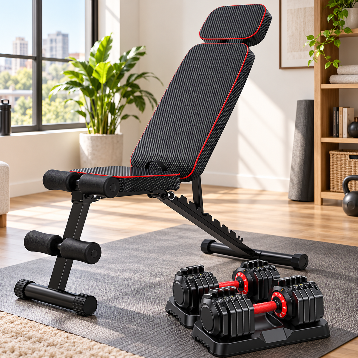 BEARBRO 9 Positions Adjustable Foldable Weight Bench Workout Bench with 10 in 1 Quick-Select 50LB(25lbs*2) Adjustable Dumbbells
