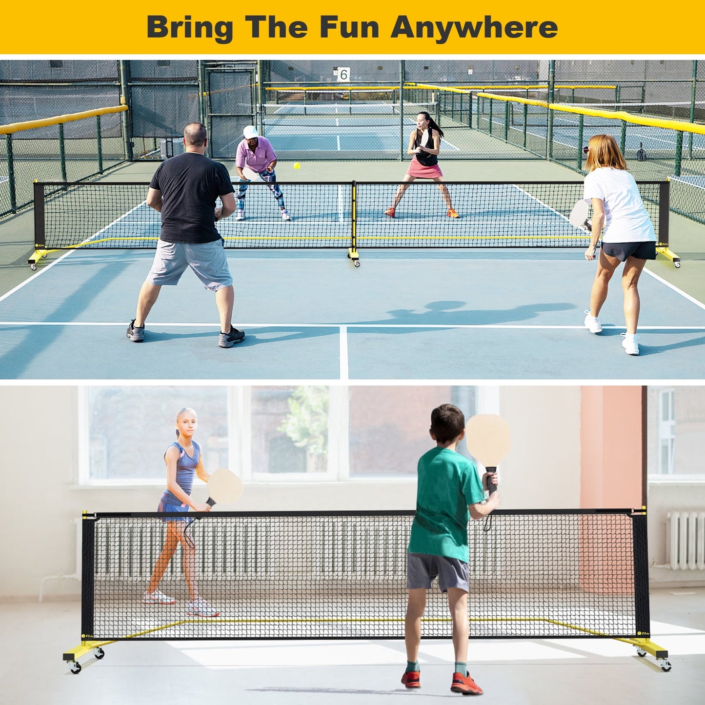 GIKPAL Portable Pickleball Net with Wheels, 22 FT & Half Court 11 FT Pickle Ball Net System with Carrying Bag for Driveway Backyard