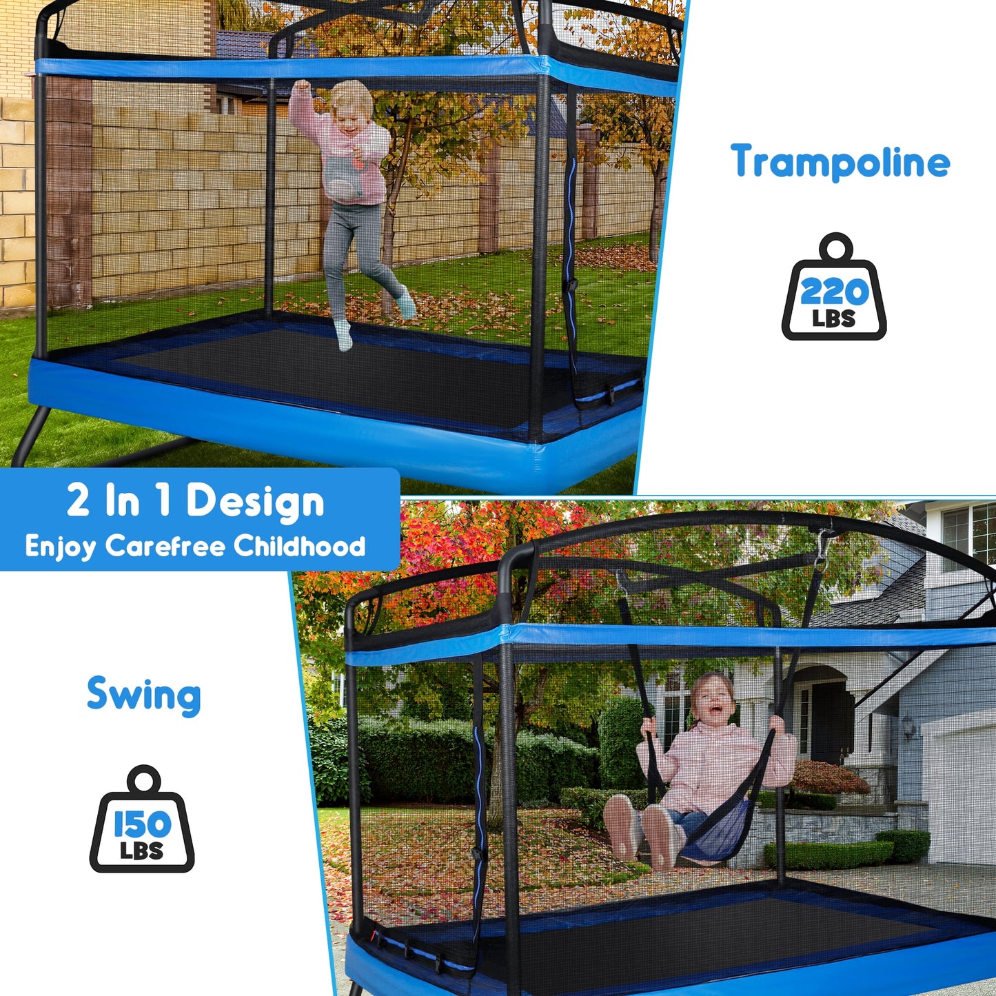 GIKPAL 3-in-1 Kids Trampoline with Swing Set, 6FT Rectangle Toddler Trampoline Indoor/Outdoor for Ages 3-8, Heavy-Duty Jumping Mat for Backyard Play, Blue