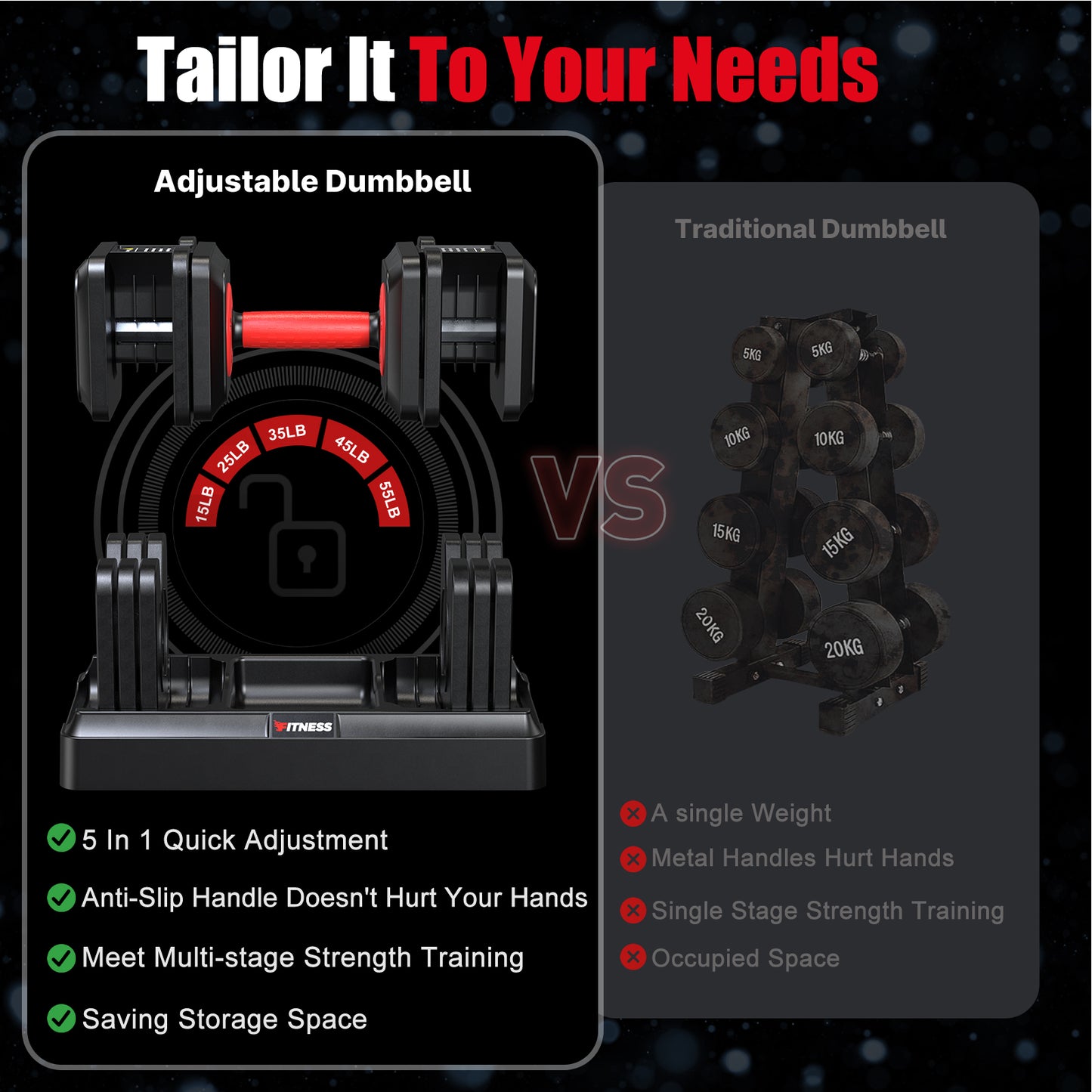 GIKPAL 110lbs(55lbs*2) 5 in 1 Adjustable Dumbbells Set,Quick Select 15-55lbs Adjustable Free Weights Plates with Rack for Home Gym Full Body Workout