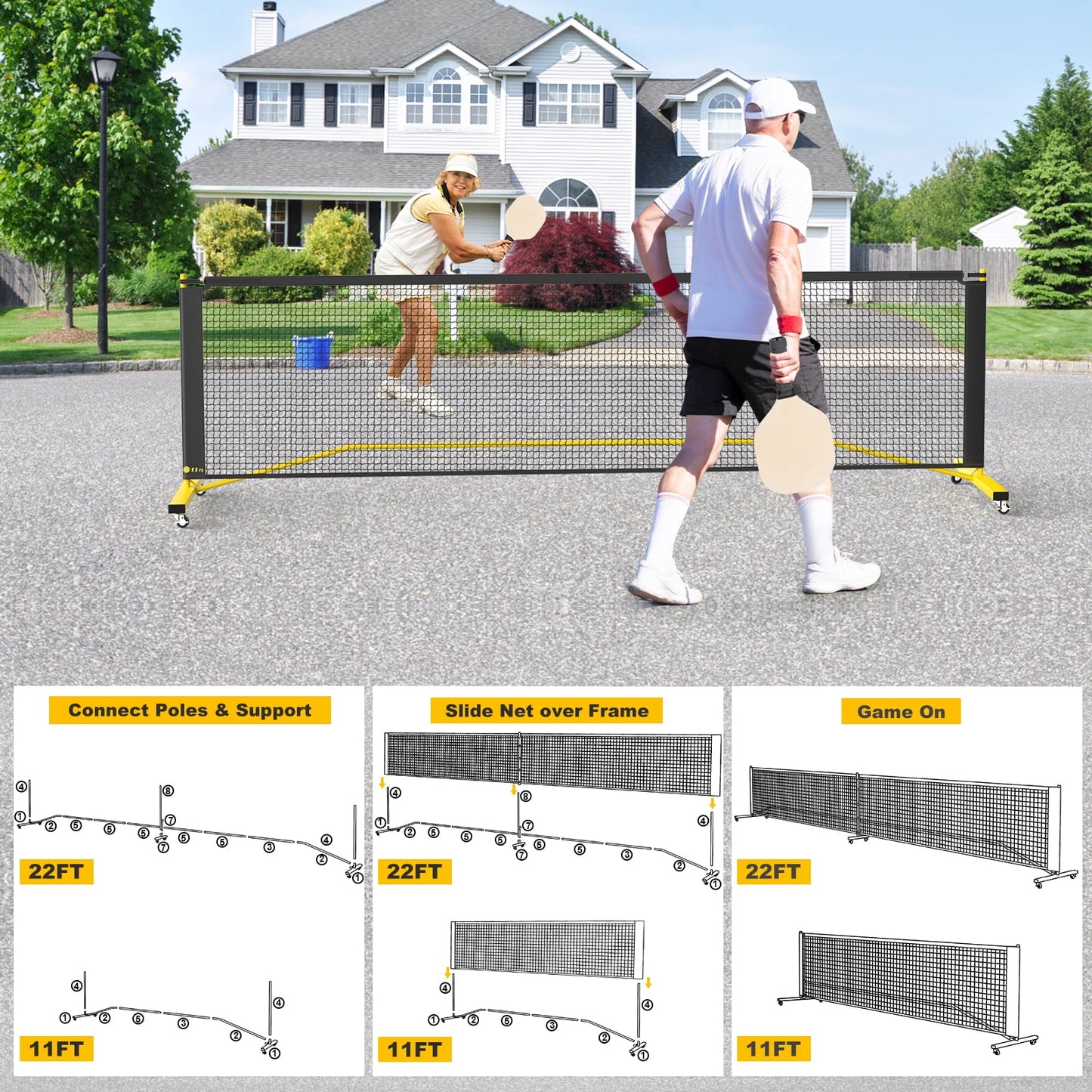 GIKPAL Portable Pickleball Net with Wheels, 22 FT & Half Court 11 FT Pickle Ball Net System with Carrying Bag for Driveway Backyard