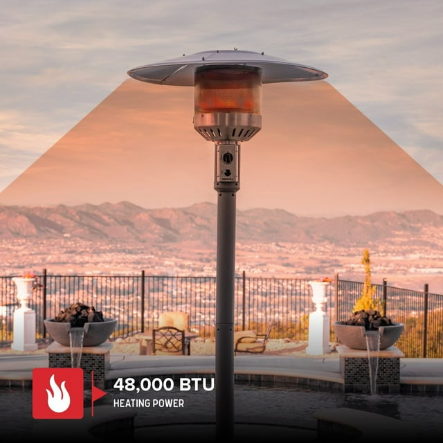 Bronze Outdoor Patio Heater, 48,000 BTUs, 2 Wheel Transport, Electronic Ignition, Easy Tank Access, Control Knob, Propane Heater for Porch, Garden, Backyard