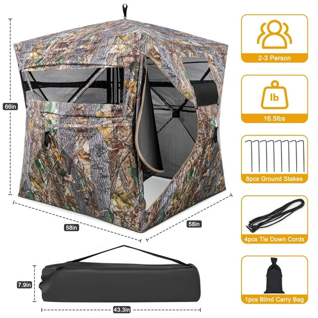 Portable 270-Degree See-Through Hunting Blind for 2-3 People with Tie-Downs and Carrying Bag, Perfect for Outdoor Adventures