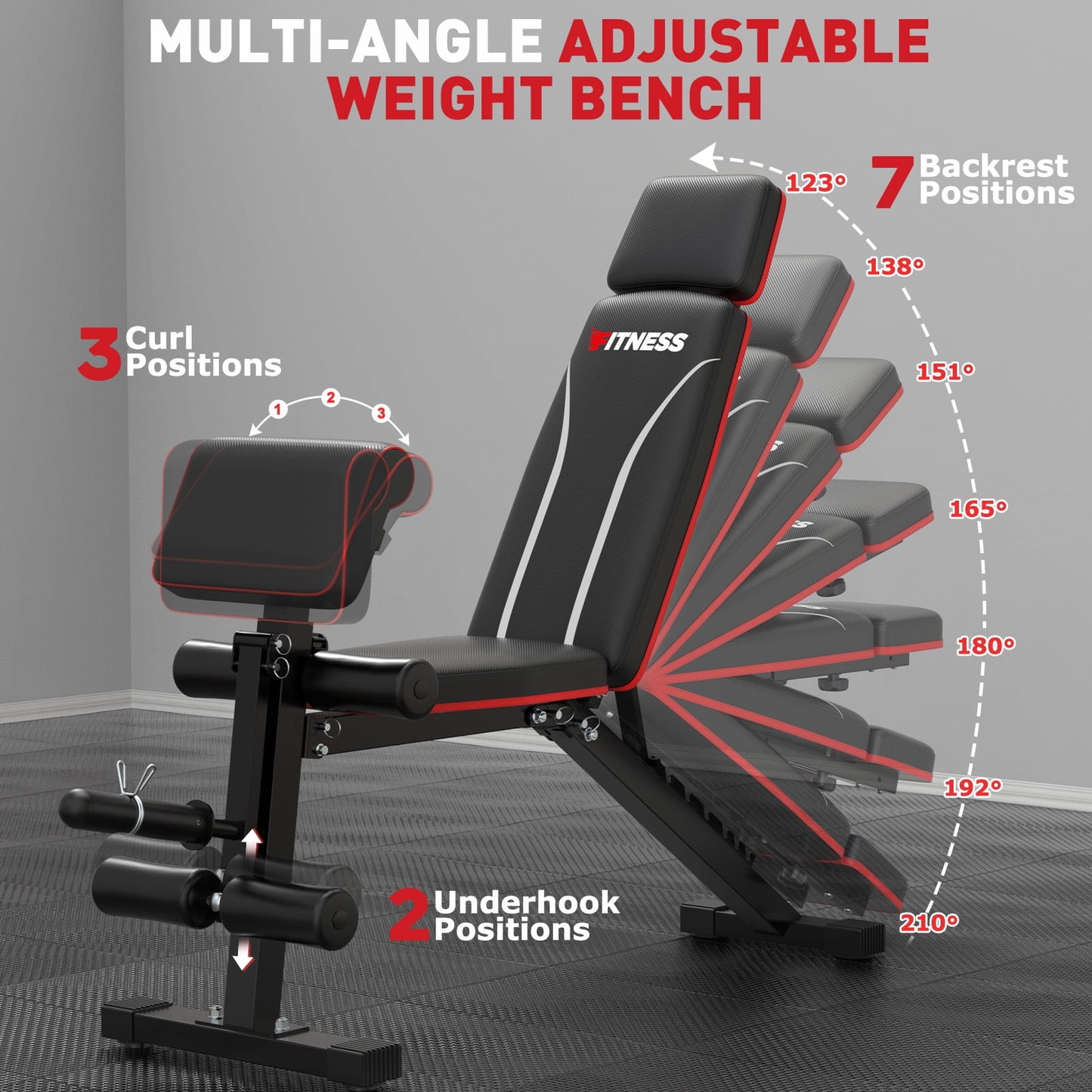 GIKPAL 7 Positions Adjustable Weight Bench With Extended Headrest & Preacher Curl,Foldable Workout Bench Olympic Weight Bench for Home Gym Full Body Strength Training,Support up to 800lbs