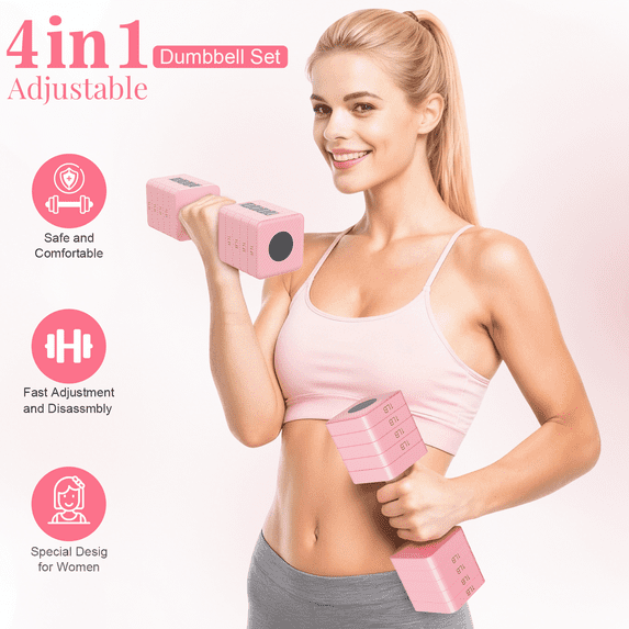 GIKPAL 10lbs*2 Adjustable Dumbbells Set, 4-in-1 Free Weights for Women, Hand Weights for Home Gym, Pink