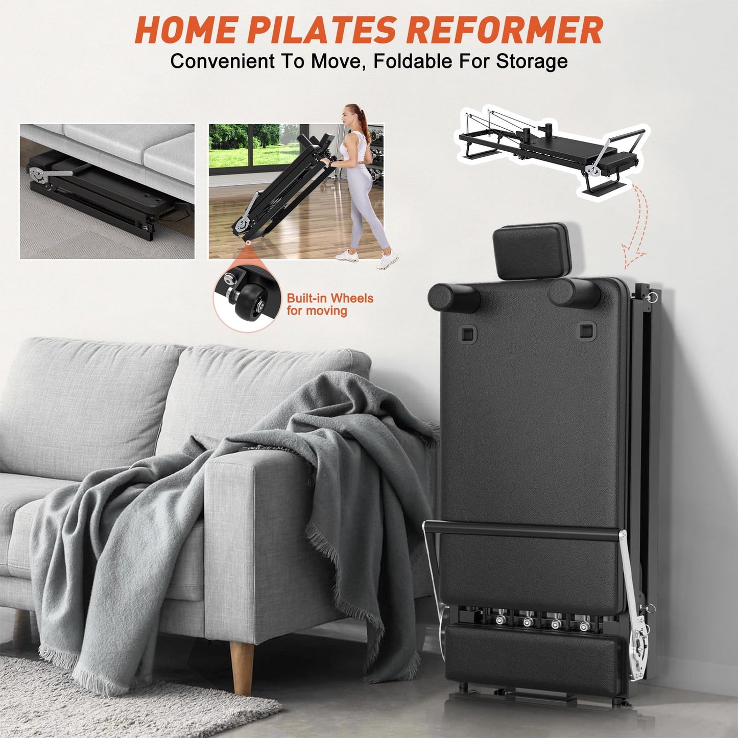 GIKPAL 92" Foldable Pilates Reformer Machine for Home Gym,Balanced Body Pilates Exercise Equipment with Jump Board