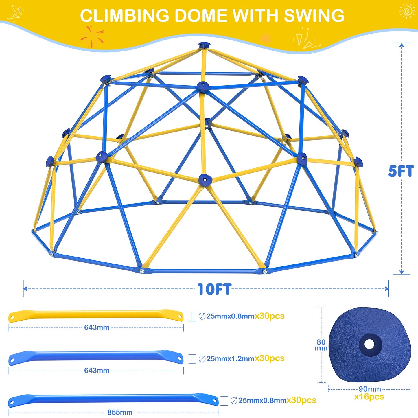 10FT Climbing Dome with Swing Set, Kids Dome Climber Jungle Gym Outdoor Play Toddler Play Set for Ages 3-10, Supports up to 880lbs,Yellow