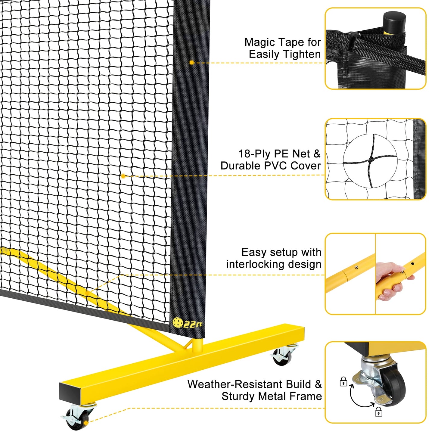 GIKPAL Portable Pickleball Net with Wheels, 22 FT & Half Court 11 FT Pickle Ball Net System with Carrying Bag for Driveway Backyard