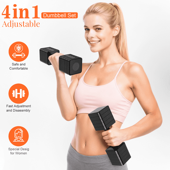 GIKPAL 10lbs*2 Adjustable Dumbbells Set, 4-in-1 Free Weights for Women, Each 3lb 5lb 7lb 9lb 11lb Hand Weights for Home Gym, Black