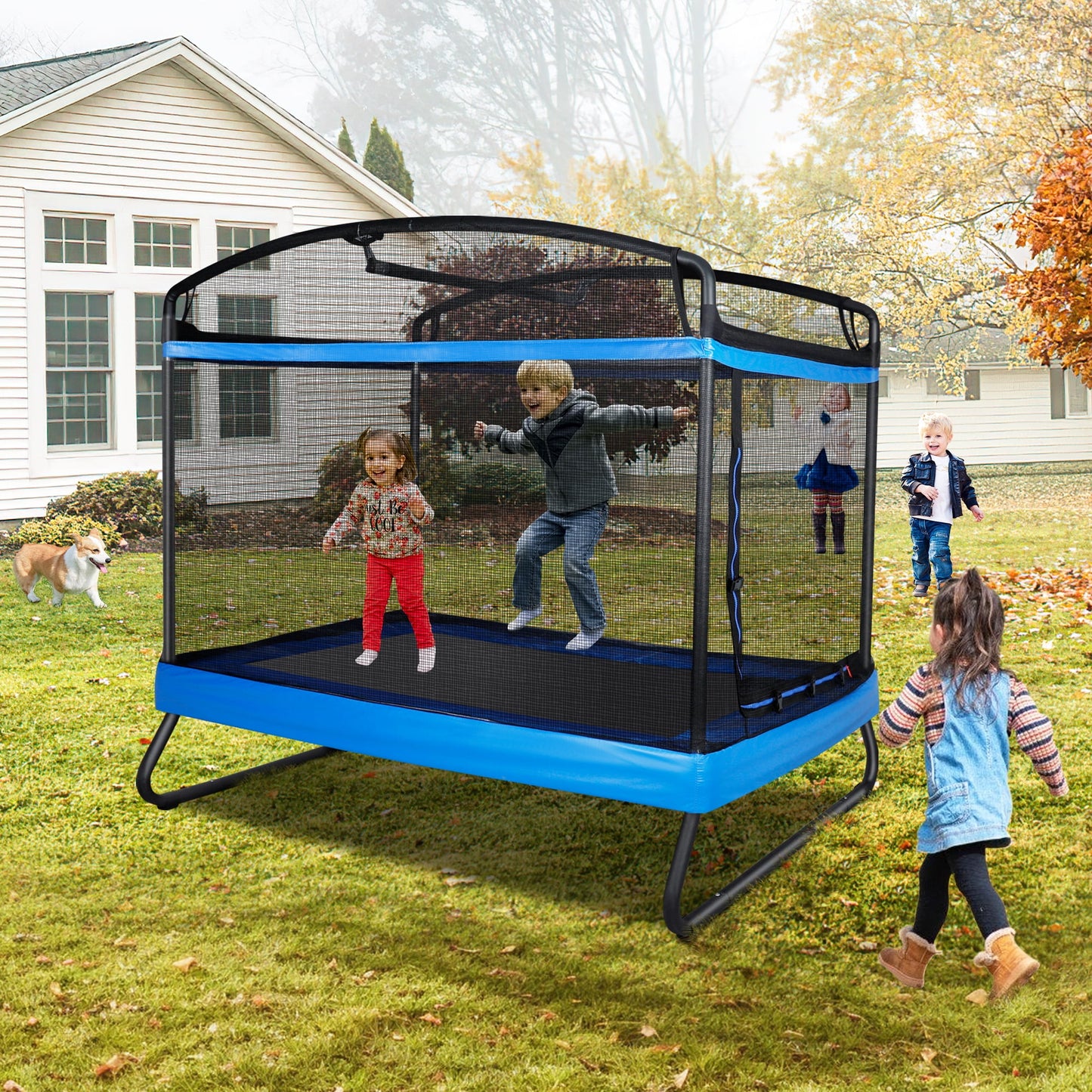 GIKPAL 3-in-1 Kids Trampoline with Swing Set, 6FT Rectangle Toddler Trampoline Indoor/Outdoor for Ages 3-8, Heavy-Duty Jumping Mat for Backyard Play, Blue