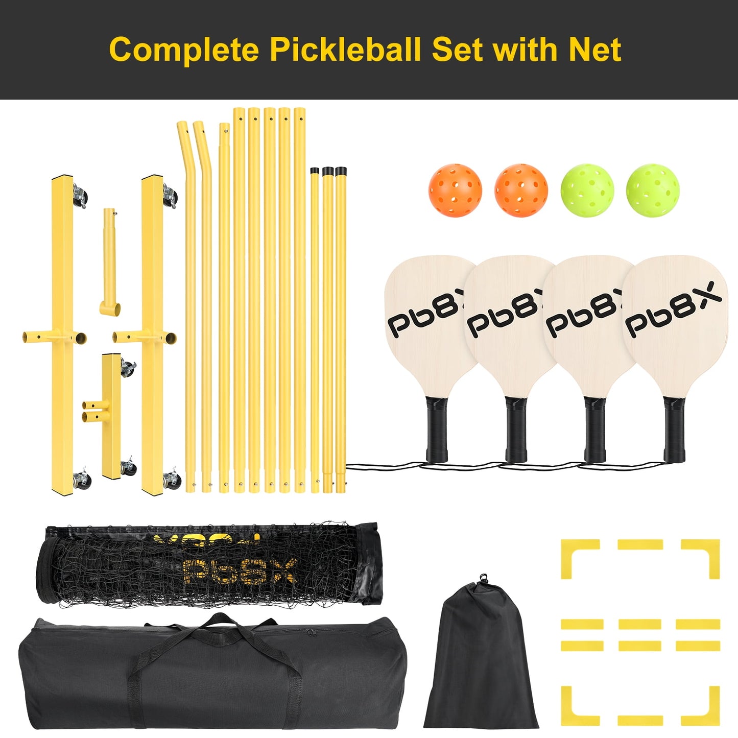 GIKPAL 22FT Portable Pickleball Net Set w/ Locking Wheels - Complete Beginner Kit (Net, 4 Paddles, 6 Balls, Bag, Line Markers)