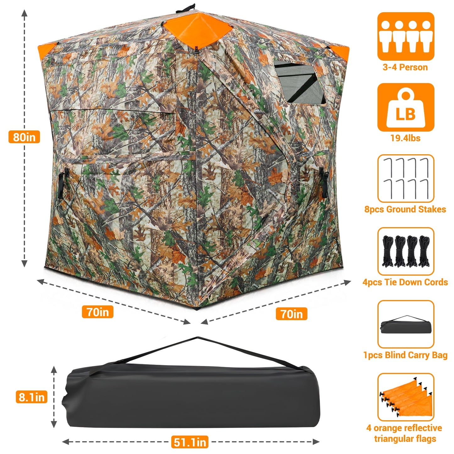 GIKPAL Portable 4 Person 270 Degree See Through Hunting Blind Pop-Up Ground Blind with Tie-downs & Carrying Bag for Deer, Duck and Turkey Hunting
