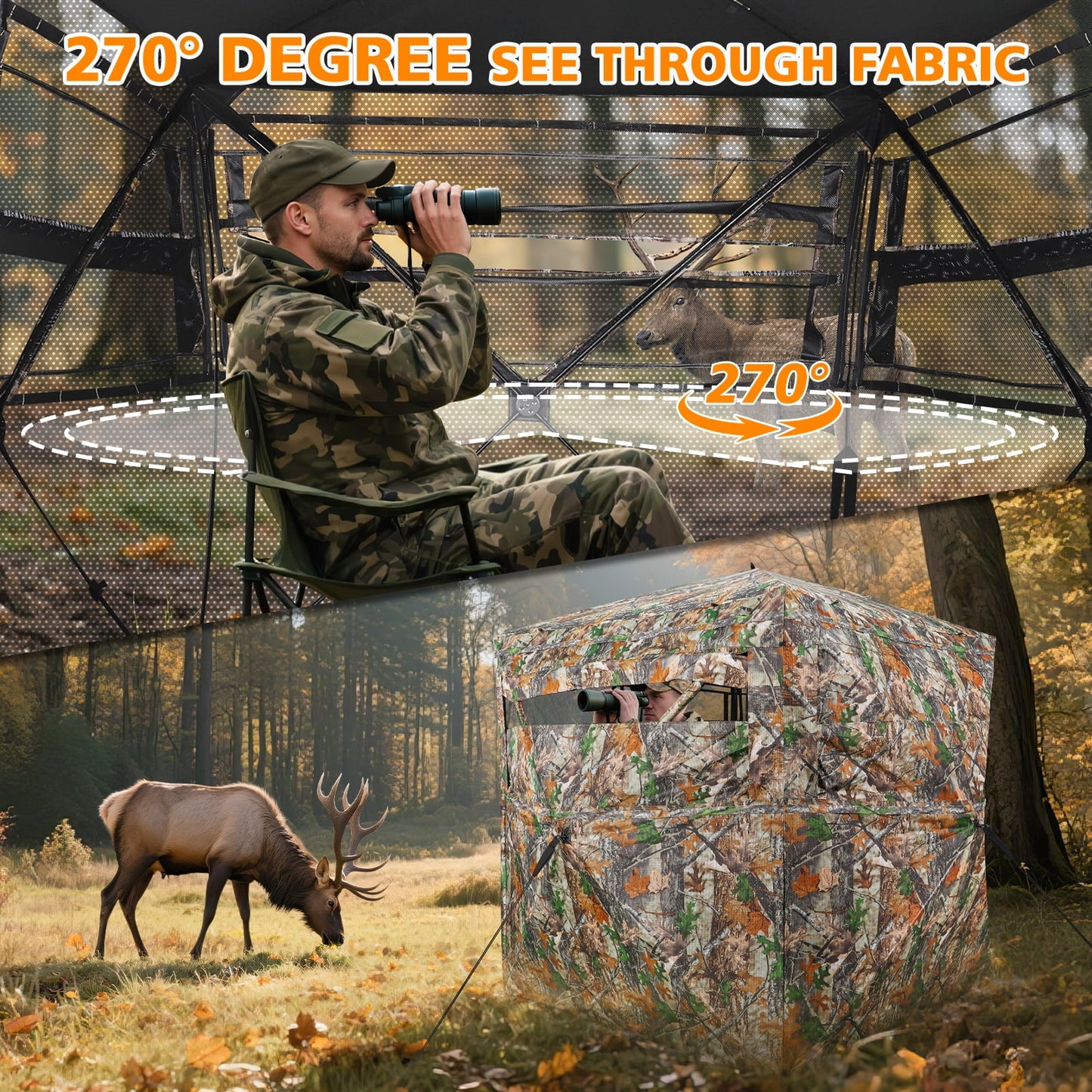 GIKPAL 2-3 Person Hunting Blind - 270° See Through Design with Magnetic Door & Silent Sliding Windows, Portable Ground Blind for Deer & Turkey Hunting (Includes Carry Bag)