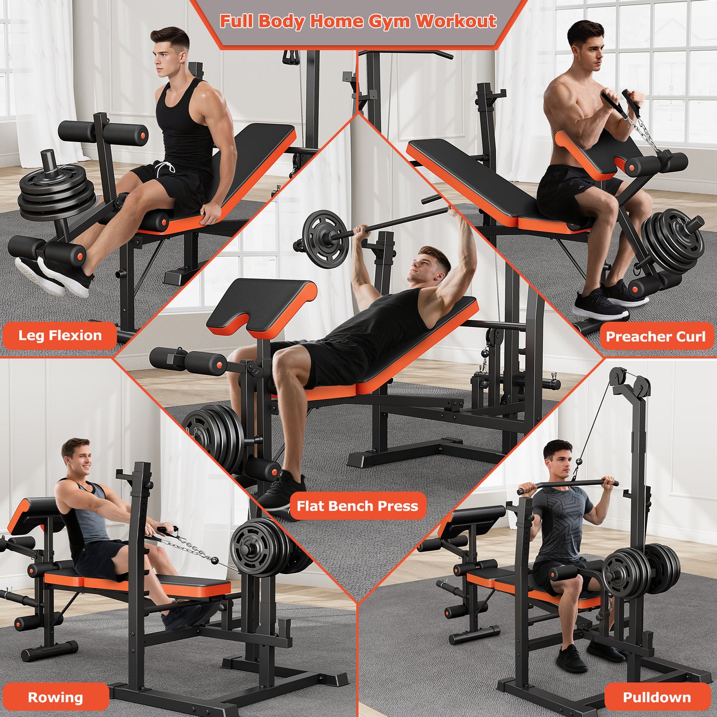 GIKPAL 800lbs 10-in-1 Multi-Function Adjustable Weight Bench Press Set with Row Machine & Lat Pull Down,Full Body Strength Training Workout Bench Exercise Equipment with Leg Developer, Preacher Curl