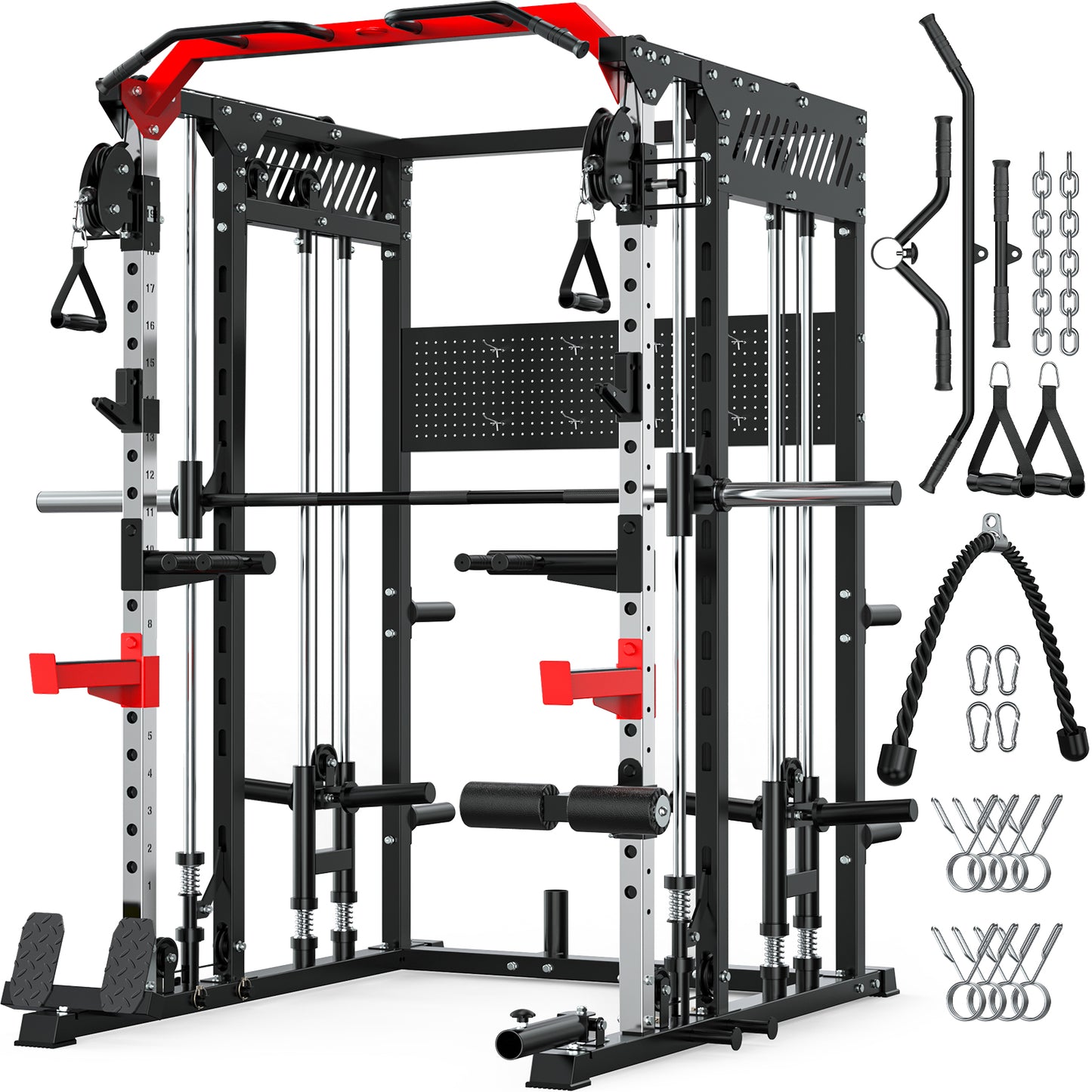 BEARBRO Multi-Function Smith Machine Home Gym, Heavy Duty 2300LBS Power Rack with Squat Rack, Dual Pulley Cable Crossover System, Weight Bar & 360° Landmine
