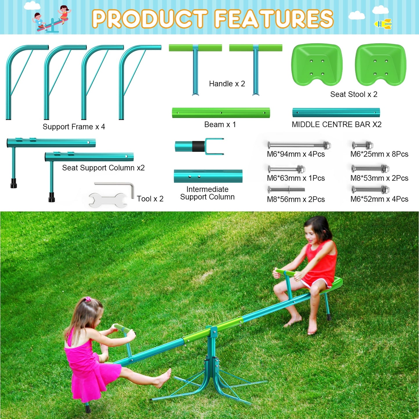 GIKPAL Kids Seesaw, Spinning Teeter Totter, 220lbs Capacity Kids Outdoor Playground Equipment, Swiveling 360 Degrees Rotating for Kids 3-6