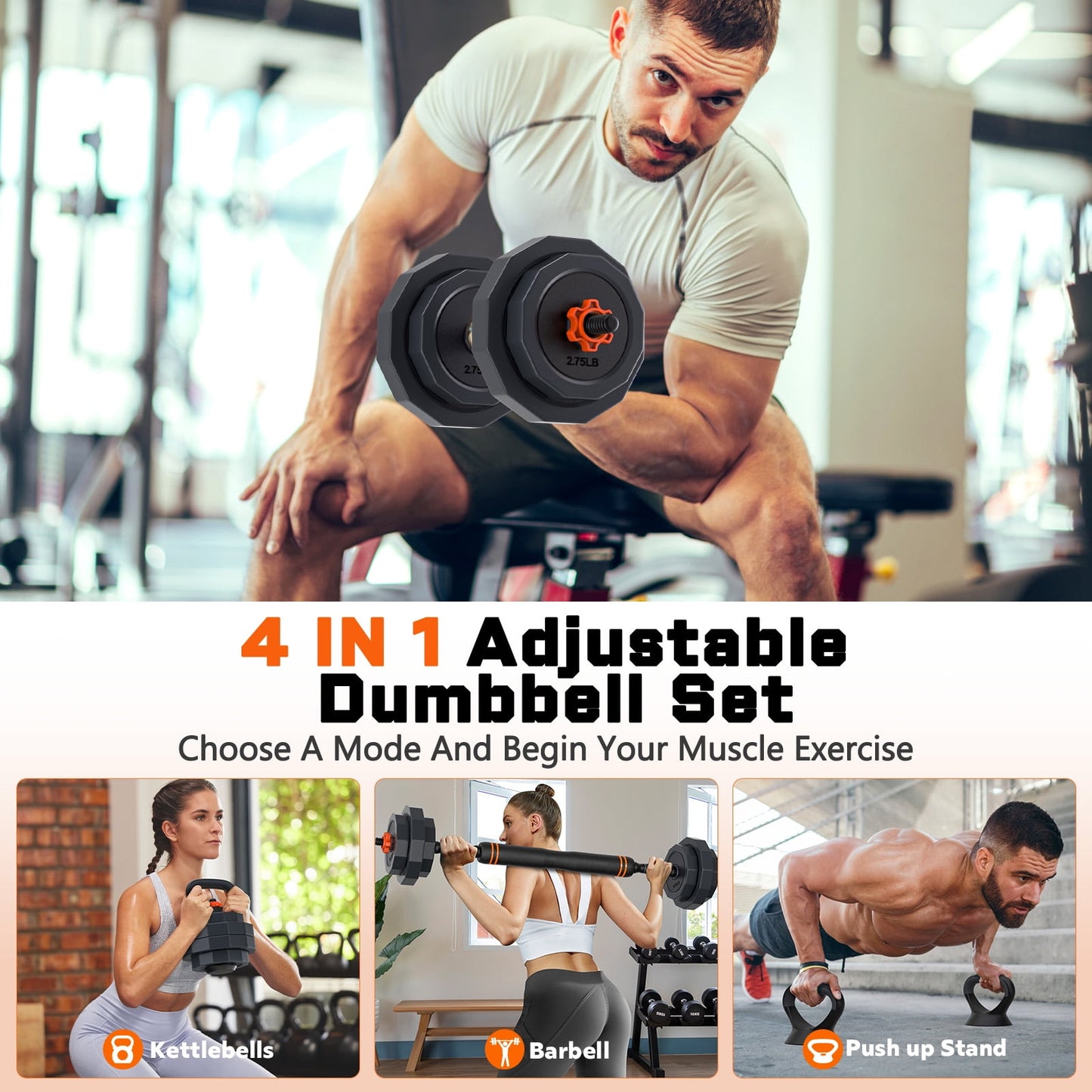 GIKPAL 45lb 4-in-1 Adjustable Dumbbells Set with Connector – Convertible Free Weights for Barbell, Kettlebells & Push-Up Stand, Home Gym Fitness Equipment for Men & Women