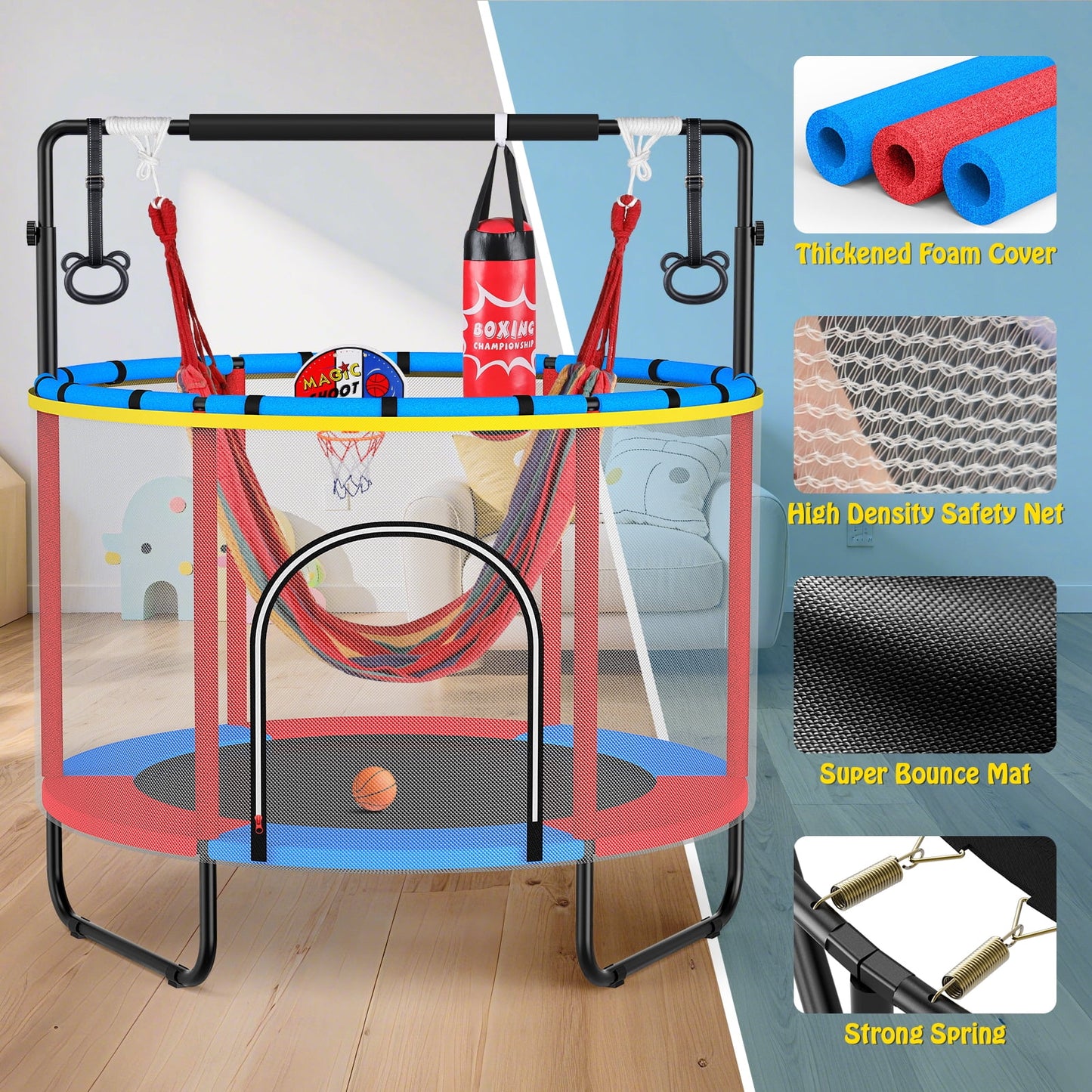 GIKPAL 60'' Kids Trampoline with Basketball Hoop & Safety Net, Swing, Rings, Gymnastic Bar, Indoor/Outdoor Toddler Trampoline Gift for Boys & Girls, Blue