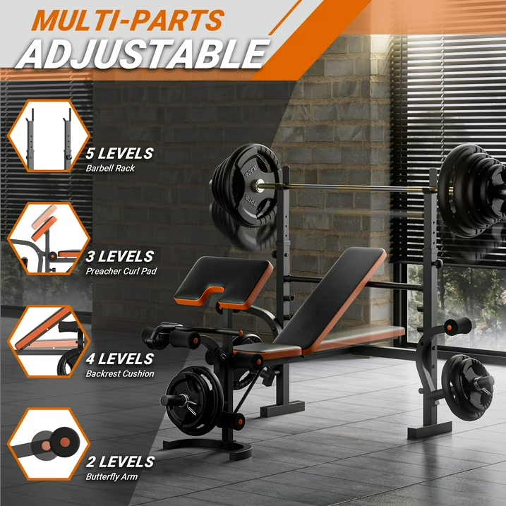 GIKPAL 6-in-1 Multi-Purpose Adjustable Weight Bench Workout Bench Set with 70lb(10lb*2+25lb*2) Weight Plates