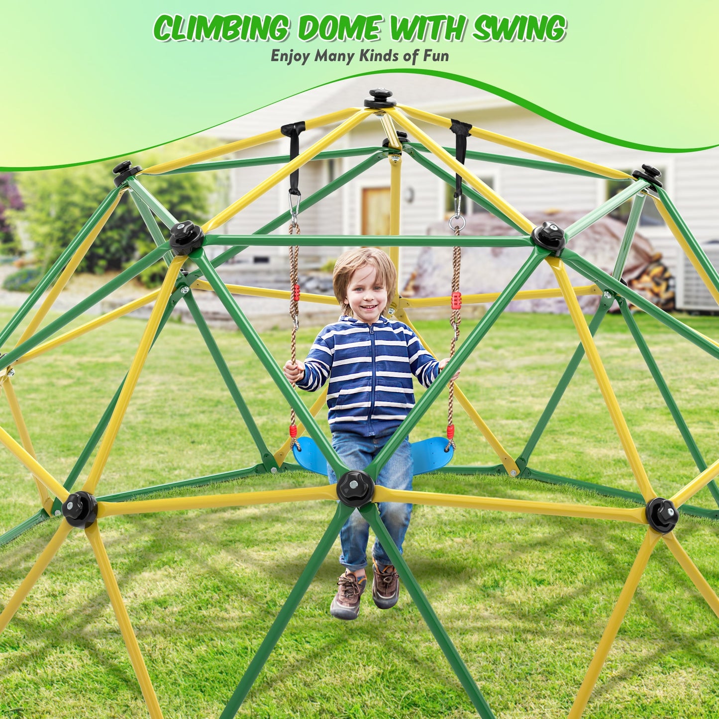 GIKPAL Climbing Dome, 10FT Dome Climber with Hammock for Kids Outdoor Play Equipment, Supports up to 1000lbs Jungle Gym, Anti-Rust, Easy Assembly,Yellow+Green