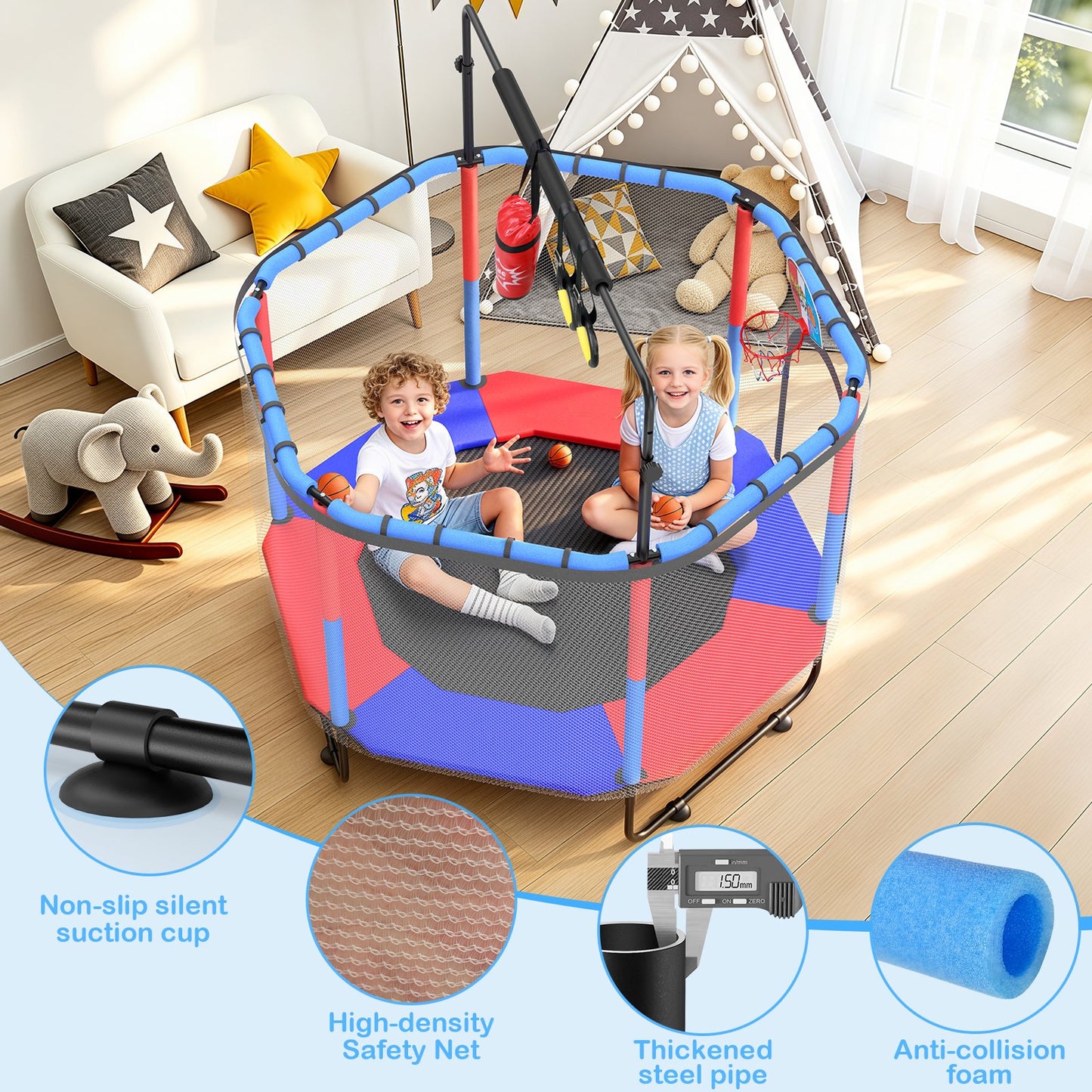 GIKPAL 60'' Kids Trampoline with Basketball Hoop & Safety Net, Rings, Gymnastic Bar, Indoor/Outdoor Toddler Trampoline Gift for Boys & Girls, Blue