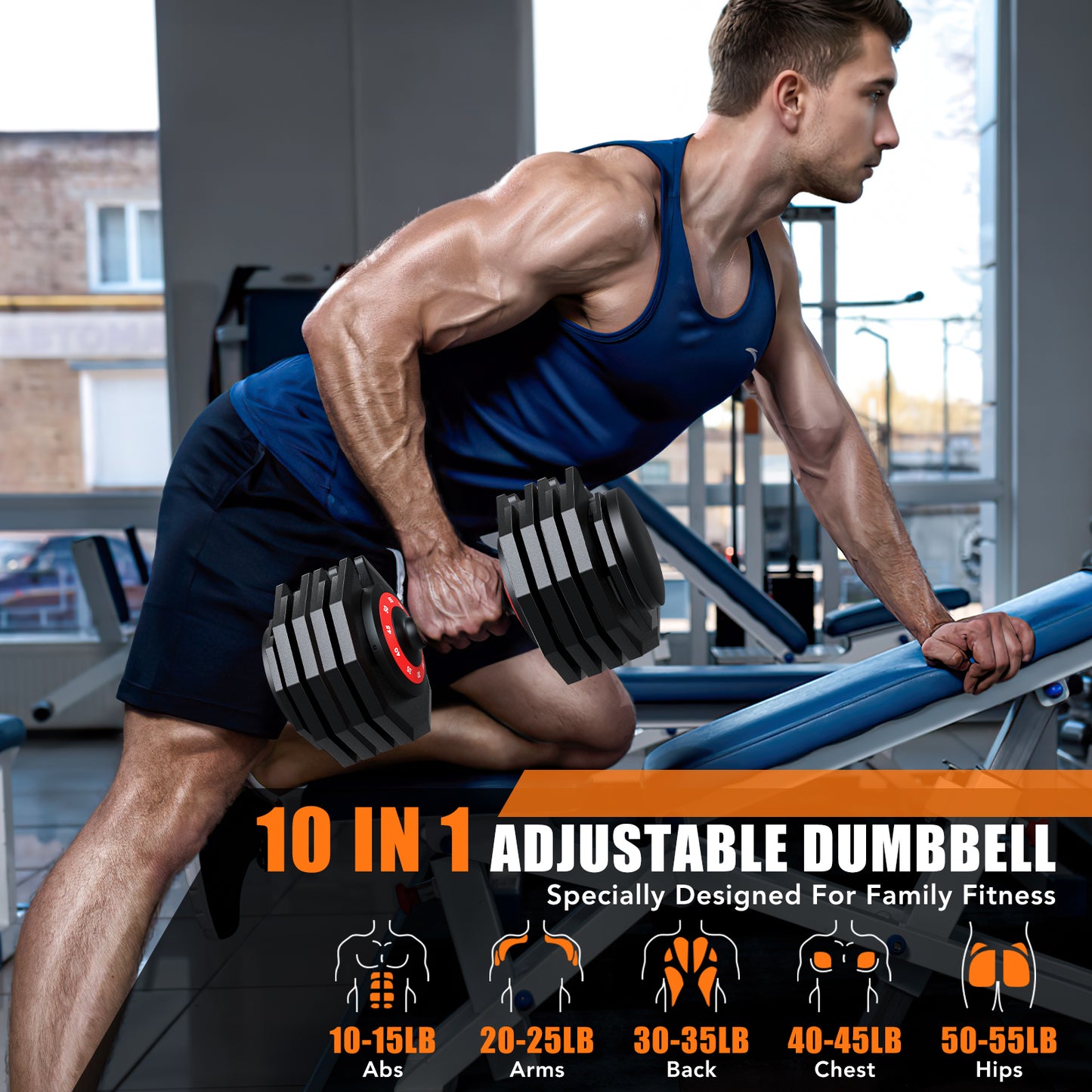 BEARBRO 9 Positions Adjustable Foldable Weight Bench Workout Bench with 10 in 1 Quick-Select 110LB(55lbs*2) Adjustable Dumbbells