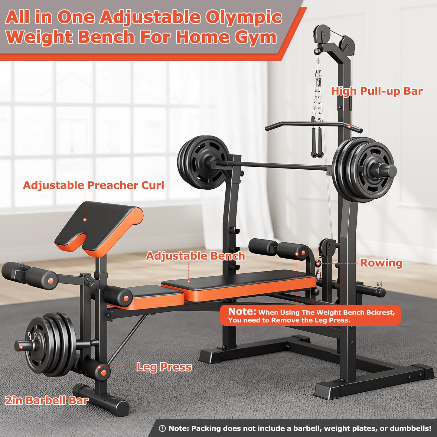 GIKPAL 800lbs 10-in-1 Multi-Function Adjustable Weight Bench Press Set with Row Machine & Lat Pull Down,Full Body Strength Training Workout Bench Exercise Equipment with Leg Developer, Preacher Curl