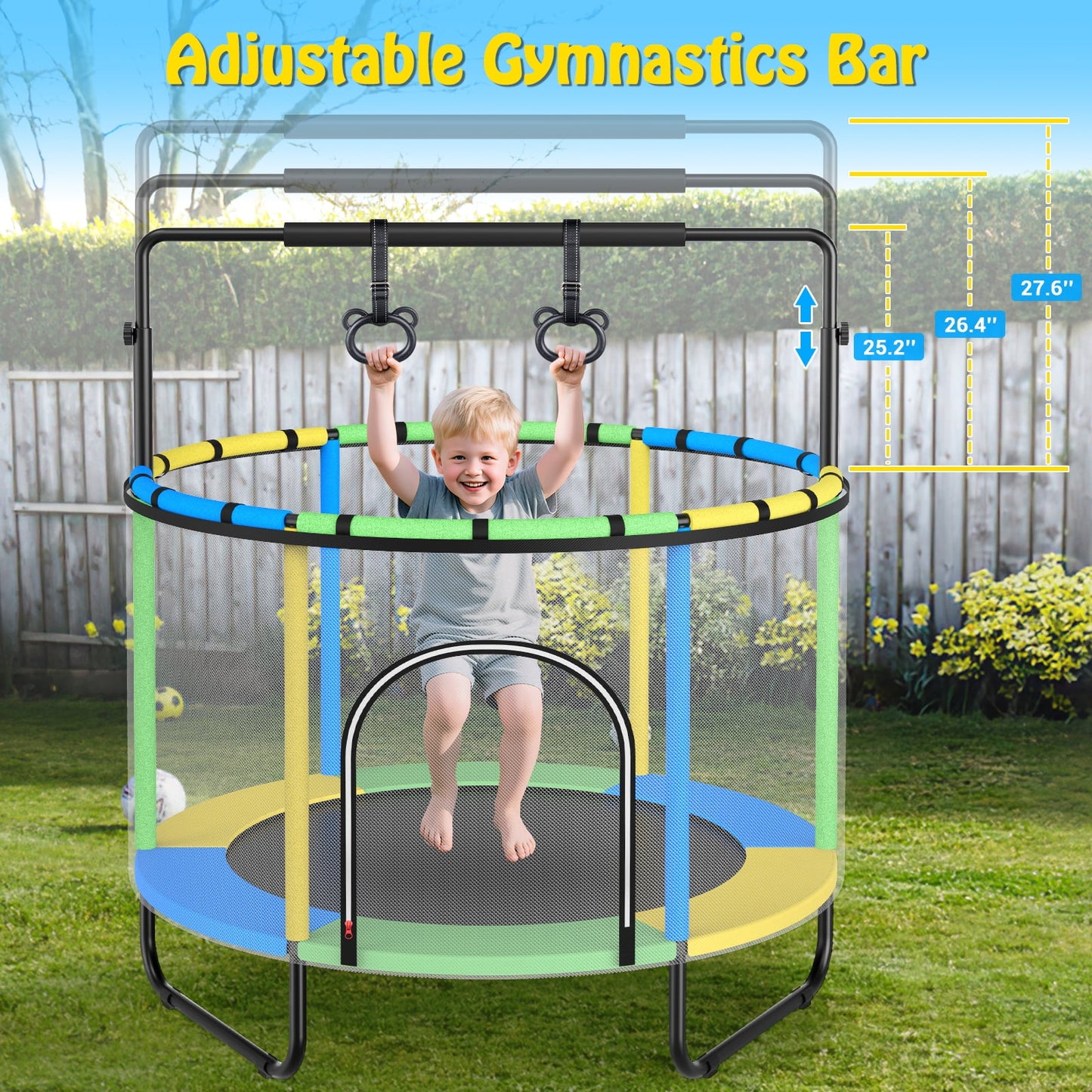 GIKPAL 60'' Kids Trampoline with Basketball Hoop & Safety Net, Swing, Rings, Gymnastic Bar, Indoor/Outdoor Toddler Trampoline Gift for Boys & Girls, Yellow