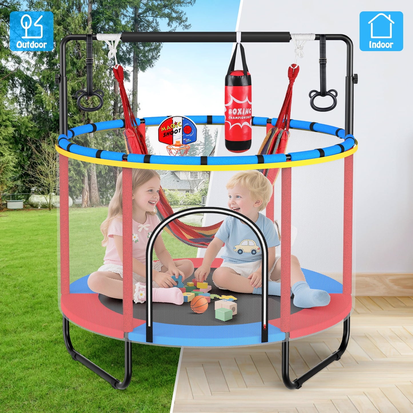 GIKPAL 60'' Kids Trampoline with Basketball Hoop & Safety Net, Swing, Rings, Gymnastic Bar, Indoor/Outdoor Toddler Trampoline Gift for Boys & Girls, Blue