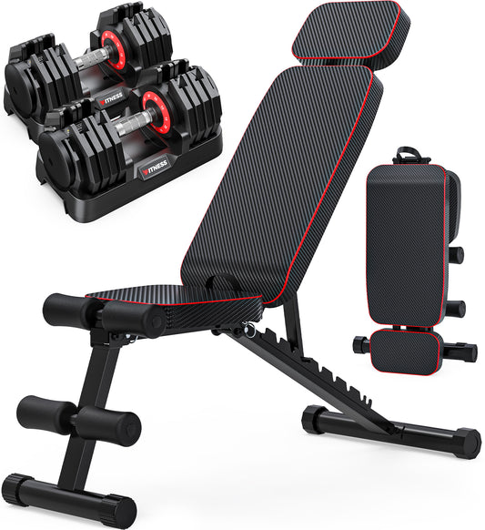 BEARBRO 9 Positions Adjustable Foldable Weight Bench Workout Bench with 10 in 1 Quick-Select 110LB(55lbs*2) Adjustable Dumbbells