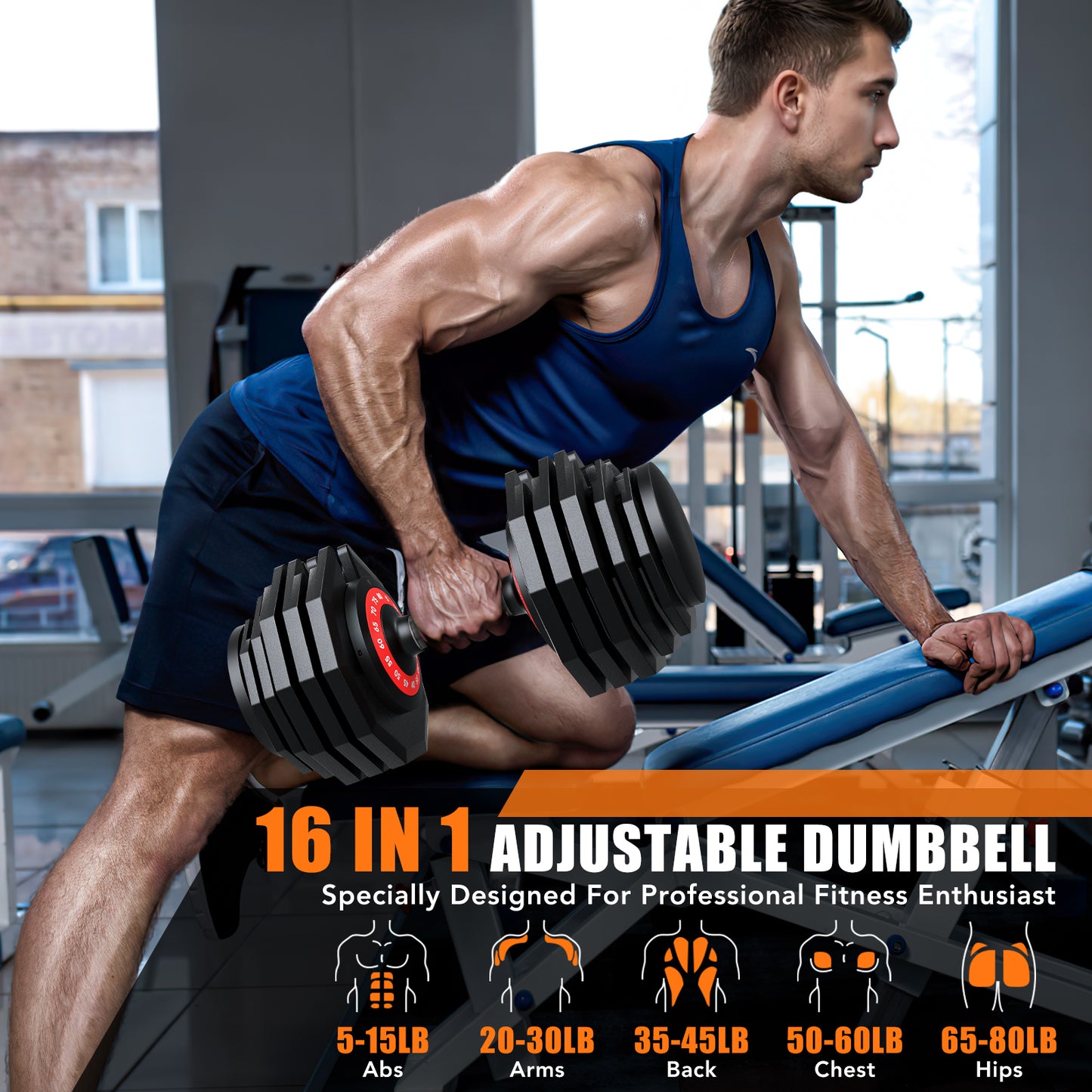 GIKPAL 80LB(80lbs*1) Adjustable Dumbbells ,16 in 1 Quick-Select 5-80lbs Weight Adjustable Dumbbells for Full Body Home Workout