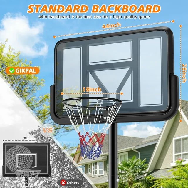 GIKPAL Basketball Hoop System with 44" PET Backboard, 6 Gear Height from 4ft5in-10ft, Basketball Hoop with Wheels Indoor Outdoor for Adults & Kids