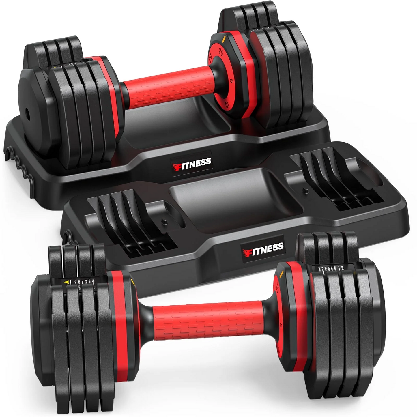 GIKPAL 50lb(25lb*2) Adjustable Dumbbells, 5-25lbs Dumbells Adjustable Free Weights Plates with Tray for Workout Strength Training Fitness Women / Men,Pair, Black+Red