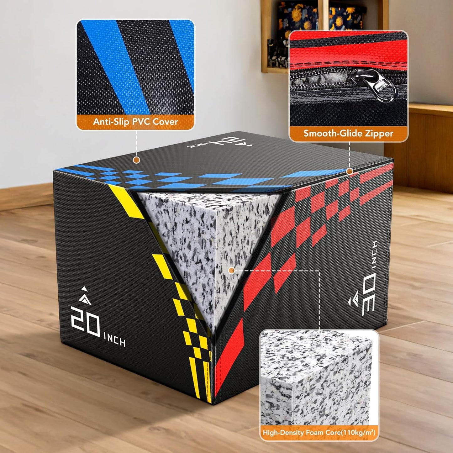 GIKPAL 3 in 1 - 14"x16"x20" Foam Plyometric Box,Stable Plyo Box with 3MM Anti-Slip Particles for Home Gym Jumping Exercise, Weight 22lbs