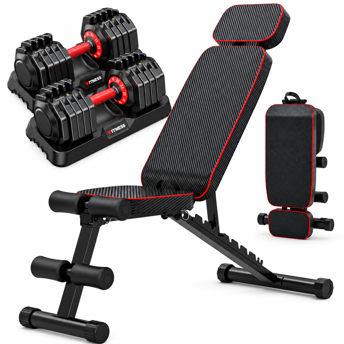 BEARBRO 9 Positions Adjustable Foldable Weight Bench Workout Bench with 10 in 1 Quick-Select 180LB(90lbs*2) Adjustable Dumbbells