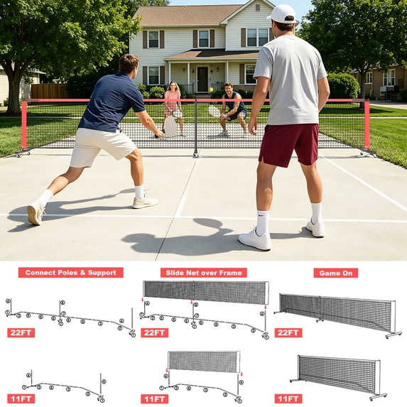 GIKPAL Portable Pickleball Net with Wheels, 22 FT & Half Court 11 FT Pickle Ball Net System with Carrying Bag for Driveway Backyard,Red