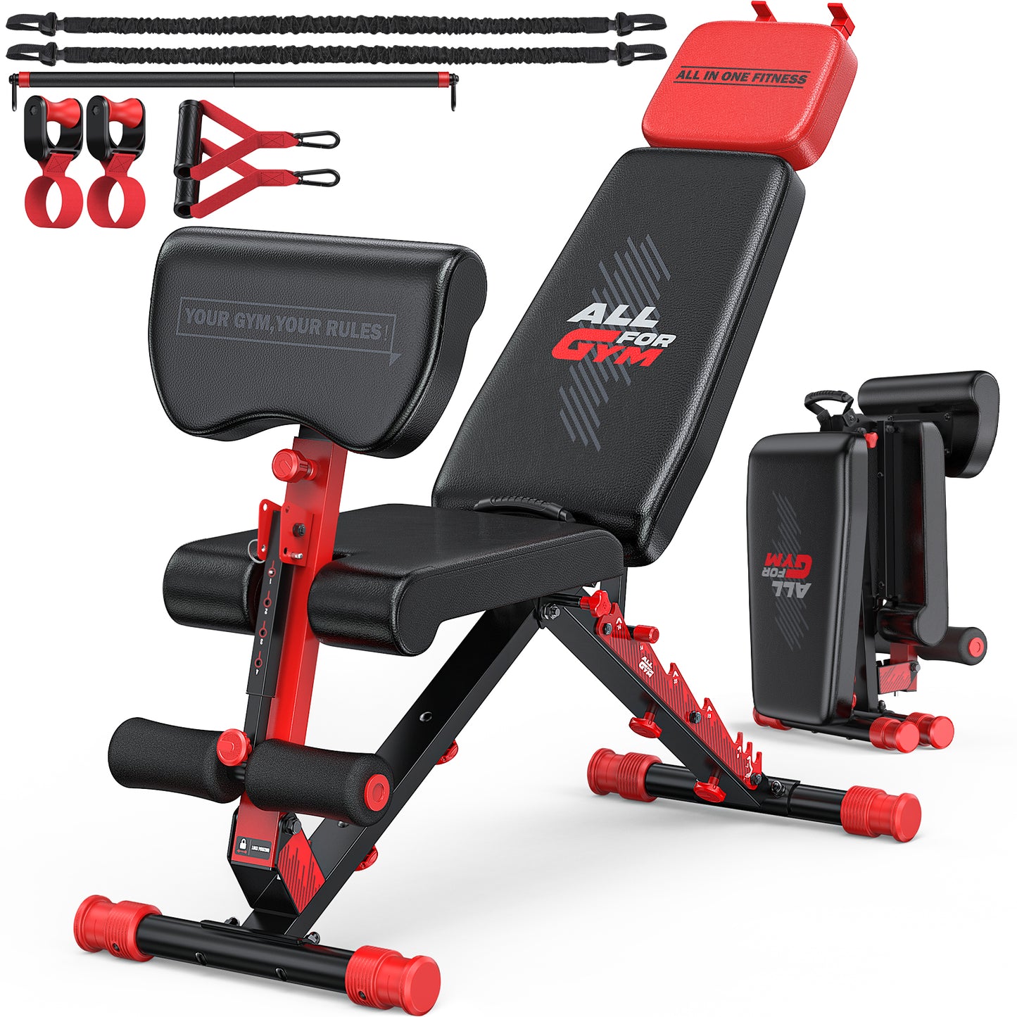 GIKPAL 8 Positions Multi-purpose Adjustable Weight Bench with Resistance Band,Foldable Workout Bench With Extended Headrest & Preacher Curl for Home Gym, 880lbs Capacity