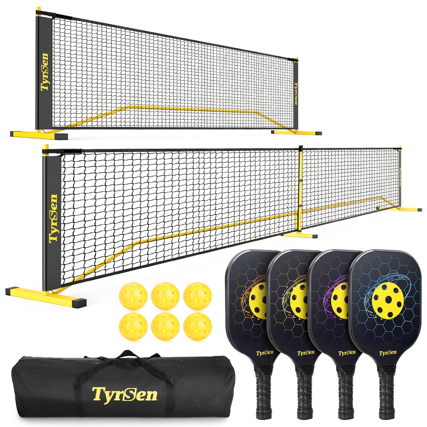 Tyrsen Portable Pickleball Net with Wheels, 22 FT & Half Court 11 FT Pickle Ball Net System with 4 Paddles & 6 Balls and Carrying Bag for Driveway Backyard