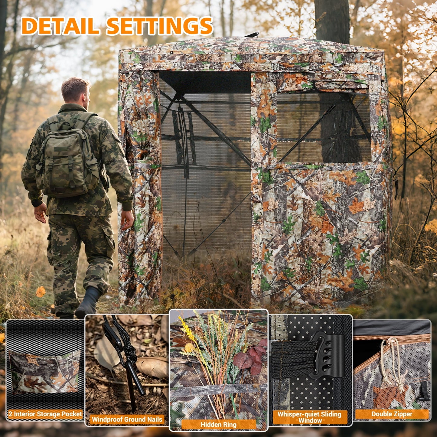 GIKPAL 2-3 Person Hunting Blind - 270° See Through Design with Magnetic Door & Silent Sliding Windows, Portable Ground Blind for Deer & Turkey Hunting (Includes Carry Bag)