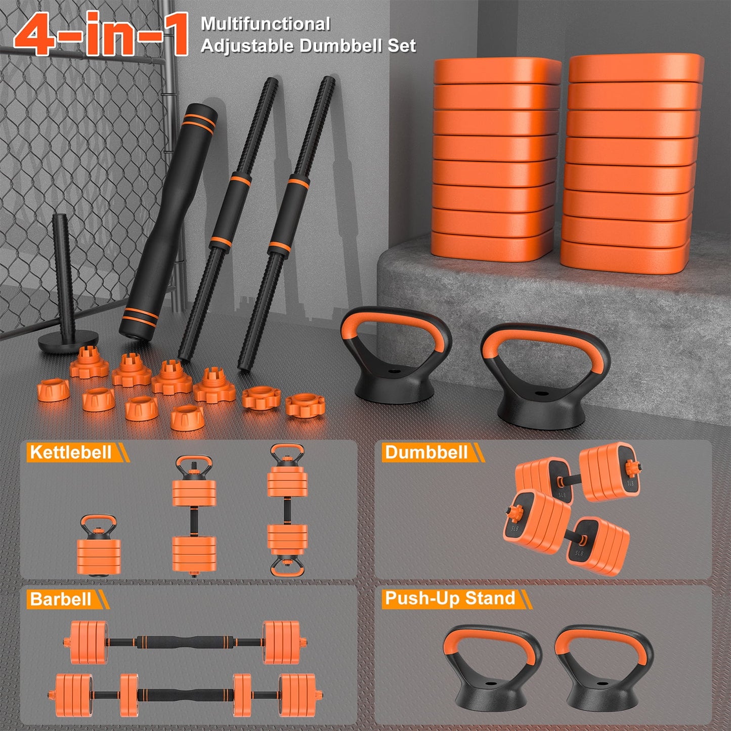 GIKPAL 85lbs Adjustable Dumbbells Set, 4 in 1 Free Weights Dumbbells Set with Connector Used as Dumbbell, Barbell, Push up Stand, Kettlebells for Home Gym Exercises