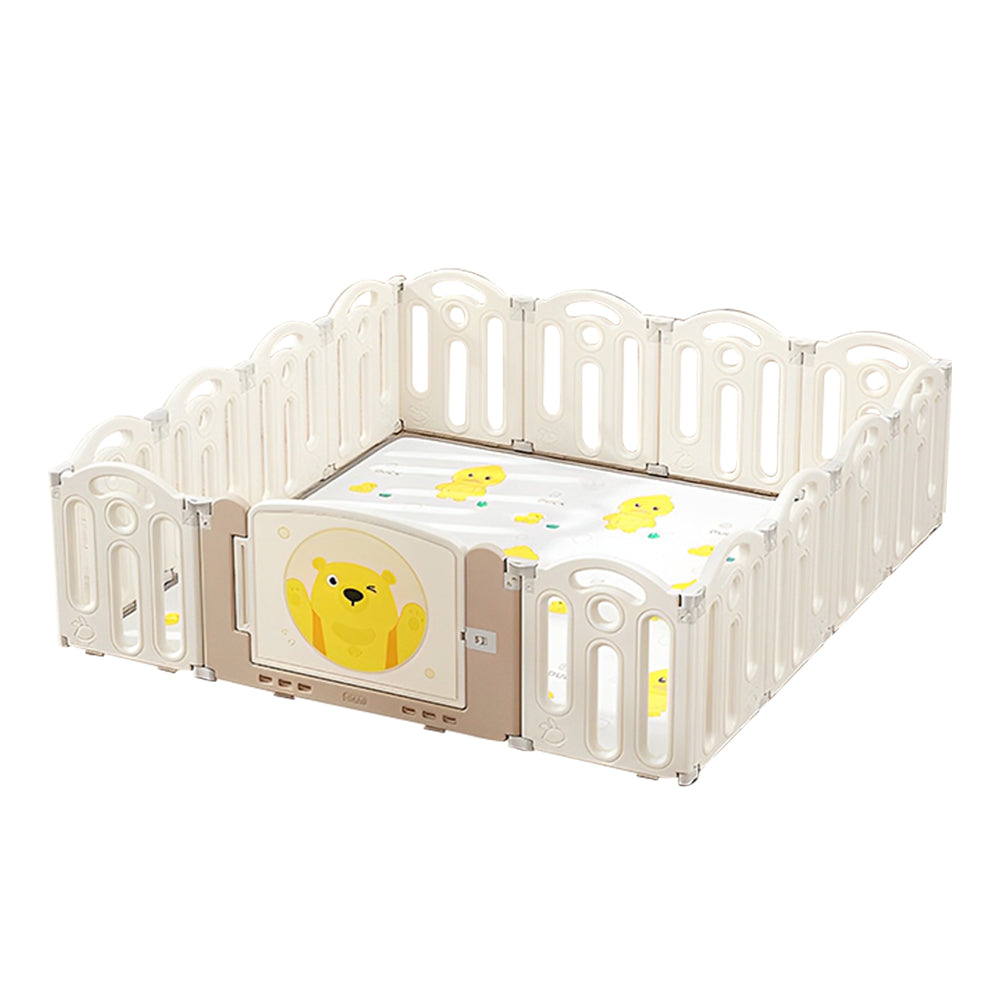 GIKPAL Foldable Baby Playpen, 14-Panel Kids Safety Activity Play Center with Lock Door and whiteboard, Beige White Color