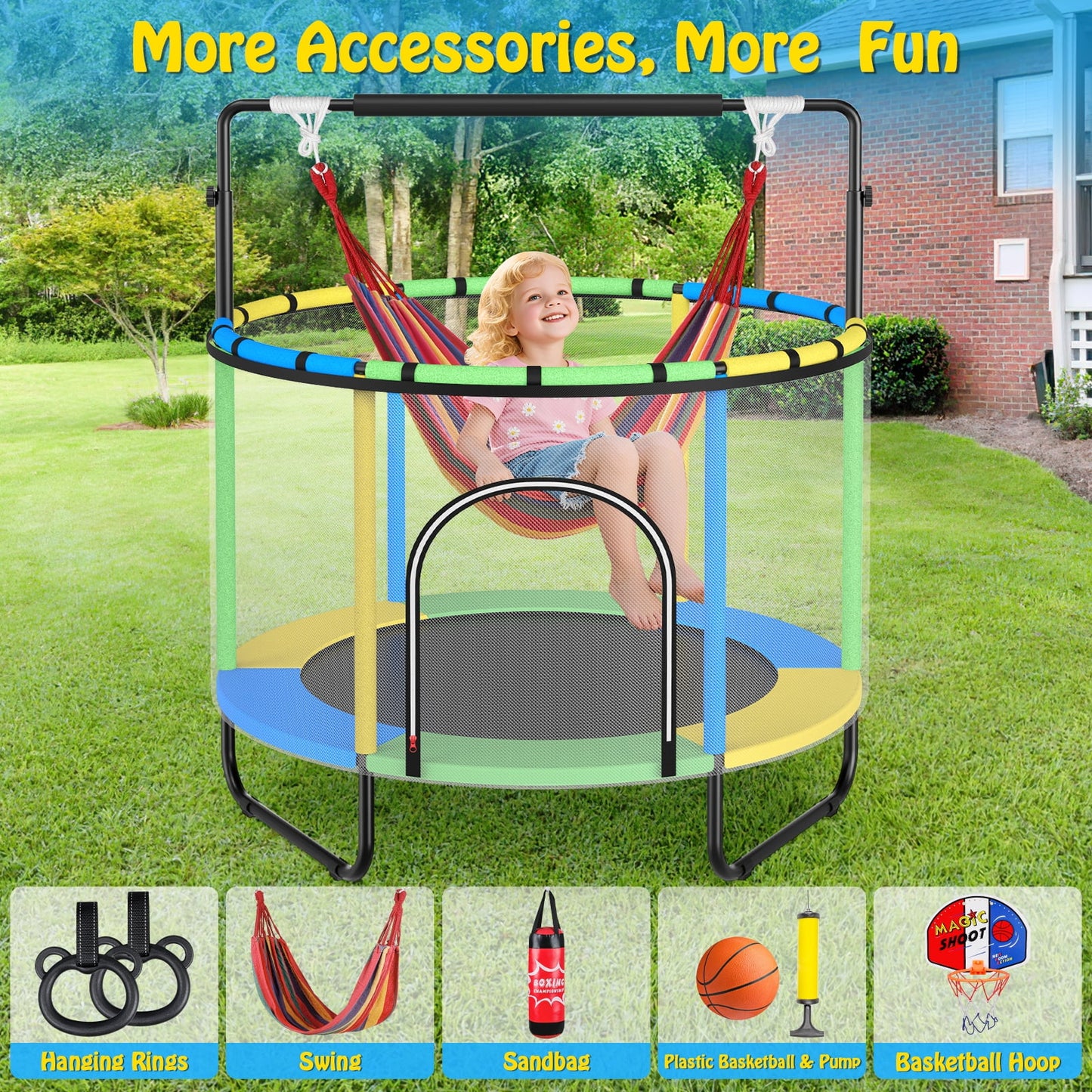 GIKPAL 60'' Kids Trampoline with Basketball Hoop & Safety Net, Swing, Rings, Gymnastic Bar, Indoor/Outdoor Toddler Trampoline Gift for Boys & Girls, Yellow
