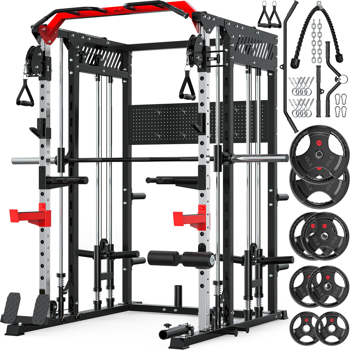 BEARBRO Multi-Function Smith Machine Home Gym, Heavy Duty 2300LBS Power Rack with 230lbs Weight Plates